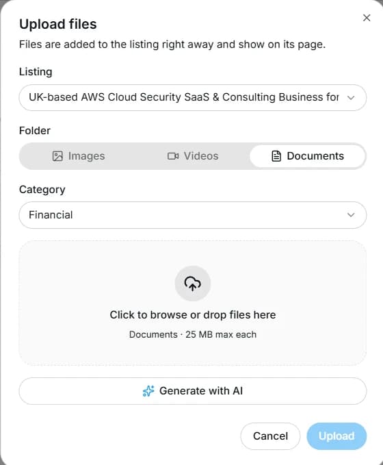 Uploading deal documents to the data room checklist in the SellAnyBiz dashboard