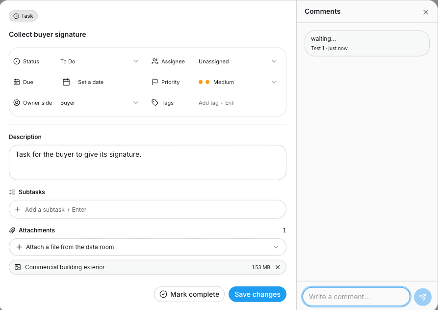 A deal task detail with an attach file from the data room option and a comments panel