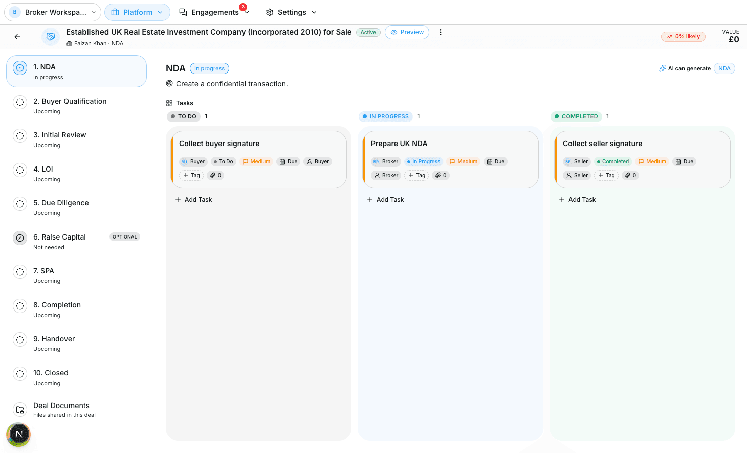 One deal with a stage rail, a task board, and AI to generate the NDA in the SellAnyBiz dashboard