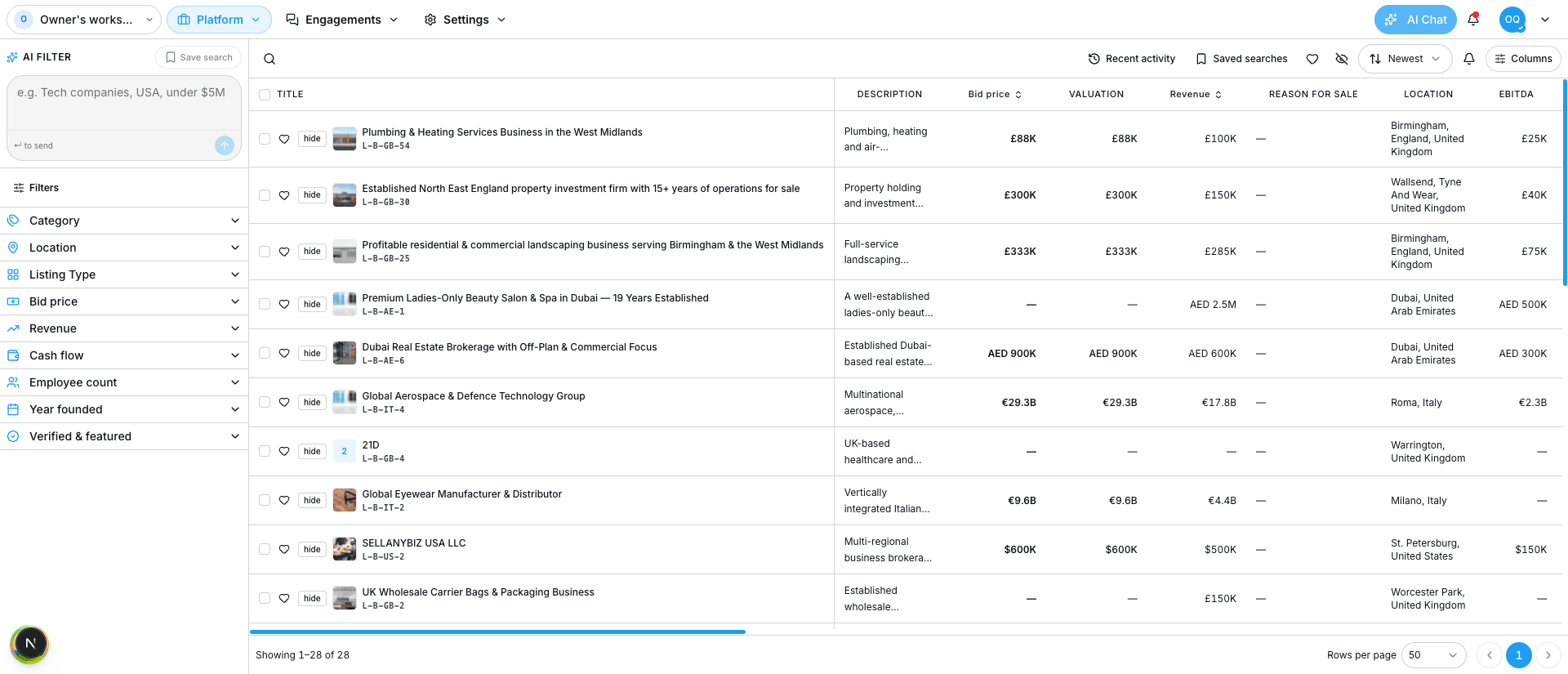 The AI-filtered SellAnyBiz marketplace table of businesses for sale