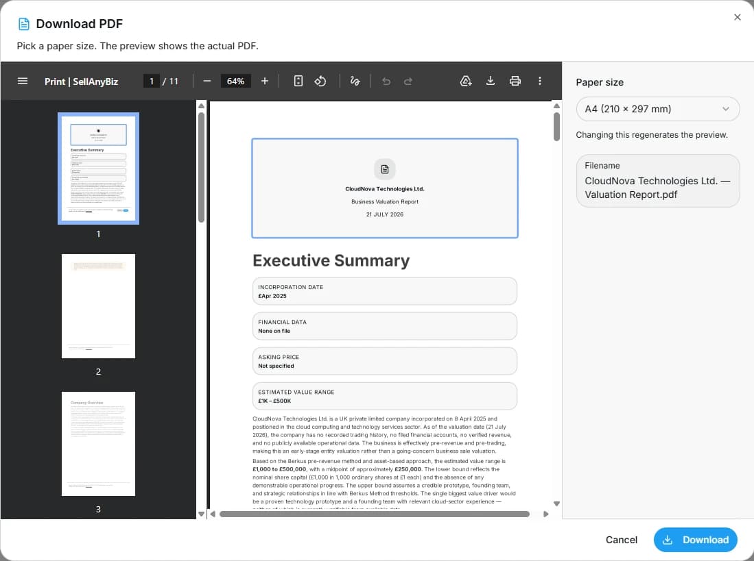 Exporting a finished valuation report as a PDF from AI Builder