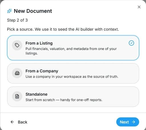 Choosing a listing as the source for an AI Builder document