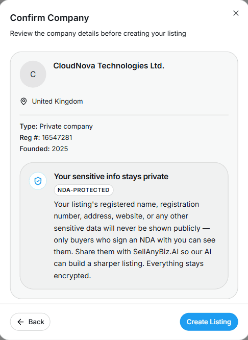 The Confirm company modal with an NDA-protected privacy note and a Create Listing button