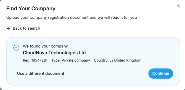 The Find your company modal, uploading a registration document to find the company